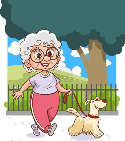 Téléchargez les illustrations : Une femme âgée marche avec son chien dans le parc. Illustration vectorielle de bande dessinée d'une femme. - en licence libre de droit
