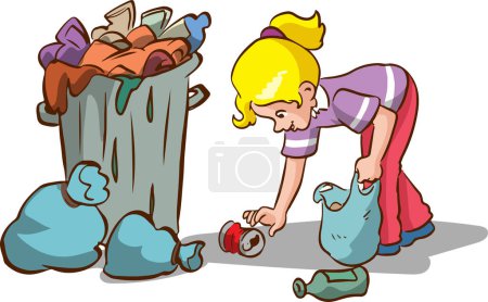 Illustration for Kids clean up garden or park from garbage, volunteers collecting plastic bottles and cans - Royalty Free Image