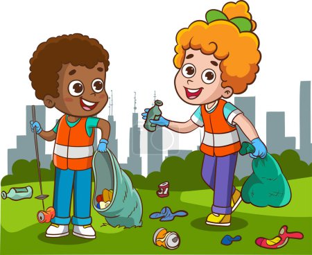 Ilustración de Los niños limpian el jardín o el parque de basura, los voluntarios recogen botellas y latas de plástico - Imagen libre de derechos
