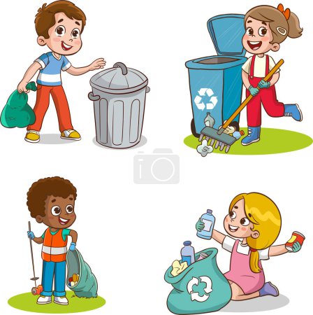 Téléchargez les illustrations : Les enfants nettoient l'environnement des ordures - en licence libre de droit