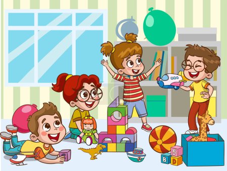 Illustration for Cute little kids playing with toys in preschool classroom - Royalty Free Image