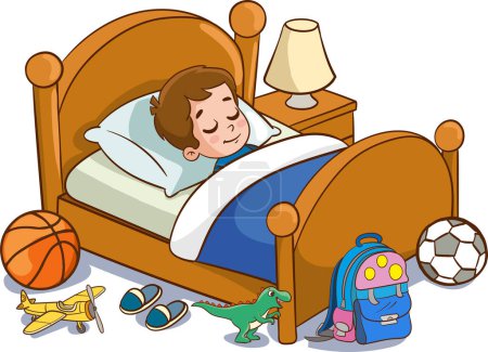Téléchargez les illustrations : Illustration vectorielle d'enfants mignons dormant dans son lit - en licence libre de droit