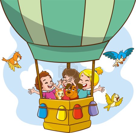 Téléchargez les illustrations : Illustration vectorielle d'enfants volant avec un ballon à air - en licence libre de droit