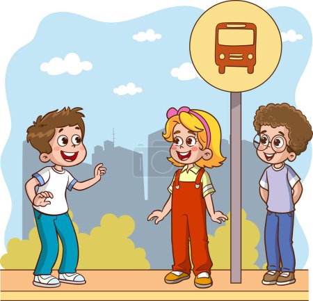 Illustration for Vector illustration of cute kids waiting for school bus - Royalty Free Image
