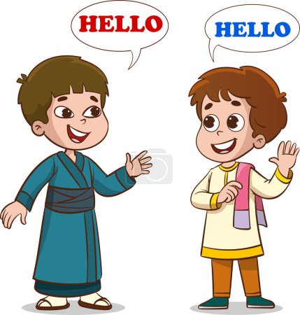 Illustration for Vector illustration of indian and japan kids hello - Royalty Free Image