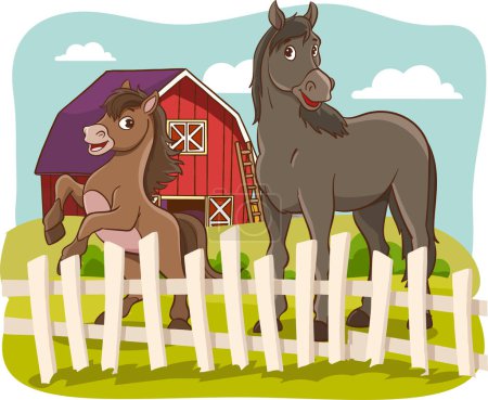 Ilustración de Ilustración vectorial de la familia de agricultores felices y animales de granja - Imagen libre de derechos