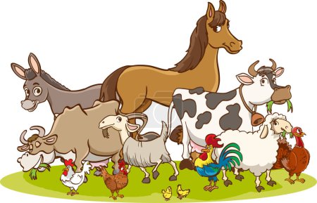 Téléchargez les illustrations : Illustration vectorielle d'une famille d'agriculteurs heureux et d'animaux de ferme - en licence libre de droit