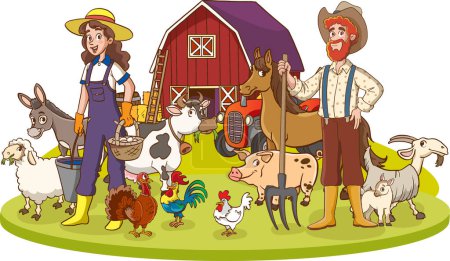 Téléchargez les illustrations : Illustration vectorielle d'une famille d'agriculteurs heureux et d'animaux de ferme - en licence libre de droit