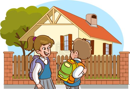 Ilustración de Lindos niños que vienen a casa de la escuela - Imagen libre de derechos
