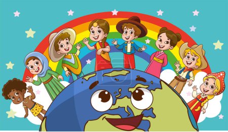 Illustration for Vector illustration of Circle Of Happy Children Different Races.multicultural kids and world. - Royalty Free Image