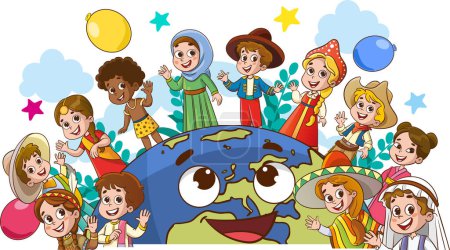 Téléchargez les illustrations : Illustration vectorielle de Cercle des enfants heureux différentes races.multiculturel enfants et monde. - en licence libre de droit