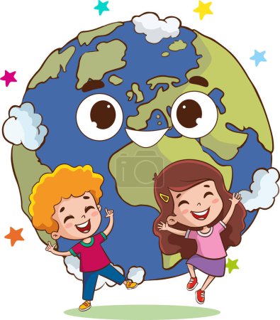 Illustration for Vector illustration of cartoon world and happy kids - Royalty Free Image