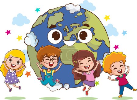 Ilustración de Ilustración vectorial de mundo de dibujos animados y niños felices - Imagen libre de derechos