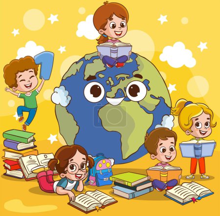 Téléchargez les illustrations : Illustration vectorielle du monde des dessins animés et des enfants heureux - en licence libre de droit