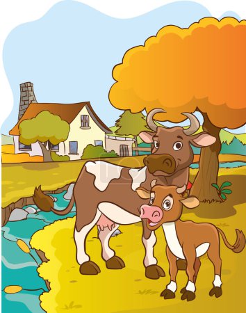 Ilustración de Ilustración vectorial del paisaje del pueblo y la vaca - Imagen libre de derechos