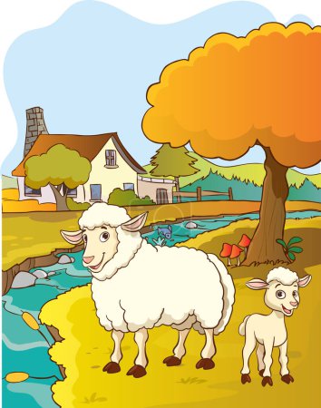 Ilustración de Ilustración vectorial del paisaje del pueblo y la familia de ovejas - Imagen libre de derechos