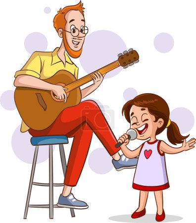 Téléchargez les illustrations : Illustration vectorielle de l'homme jouant de la guitare et chantant des enfants - en licence libre de droit
