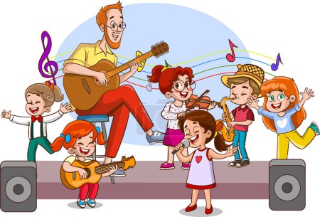 Illustration for Vector illustration of man playing guitar and singing kids - Royalty Free Image