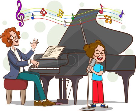 Téléchargez les illustrations : Illustration vectorielle de l'homme jouant du piano et des enfants chantant - en licence libre de droit