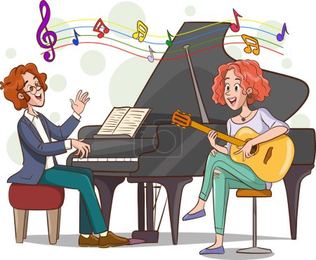 Illustration for Vector illustration of man playing piano and woman playing guitar - Royalty Free Image