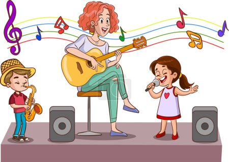 Illustration for Vector illustration of woman playing guitar and singing kids - Royalty Free Image