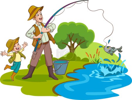 Illustration for Vector illustration of father and son fishing - Royalty Free Image