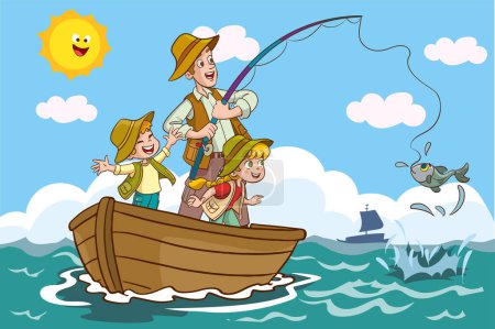 vector illustration of father and kids fishing