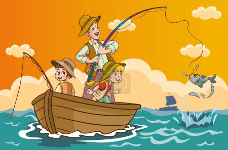 Illustration for Vector illustration of father and kids fishing - Royalty Free Image