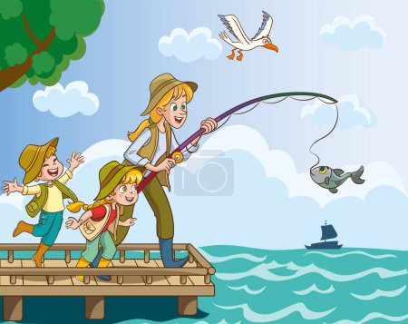 Téléchargez les illustrations : Illustration vectorielle de la pêche mère et enfants - en licence libre de droit