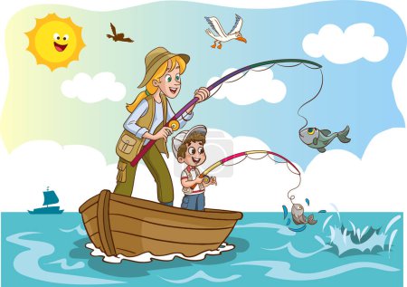 Illustration for Vector illustration of mother and kids fishing - Royalty Free Image