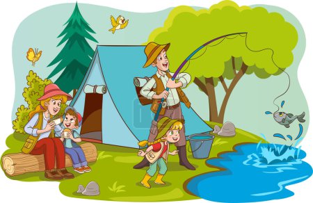 Téléchargez les illustrations : Illustration vectorielle du camping familial et de la pêche - en licence libre de droit