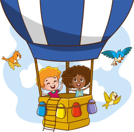 Ilustración de Ilustración vectorial de niños volando con globo aerostático - Imagen libre de derechos