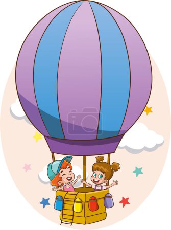 Téléchargez les illustrations : Illustration vectorielle d'enfants volant avec un ballon à air - en licence libre de droit