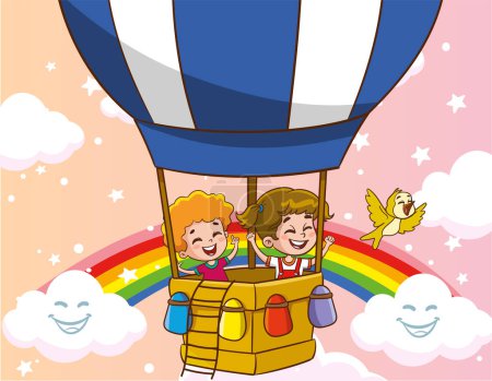 Ilustración de Ilustración vectorial de niños volando con globo aerostático - Imagen libre de derechos