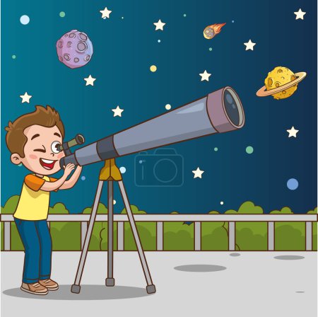 Téléchargez les illustrations : Illustration vectorielle d'enfants regardant le télescope.Enfants regardant à travers le télescope dans la nuit illustration vectorielle de dessin animé design graphique. - en licence libre de droit