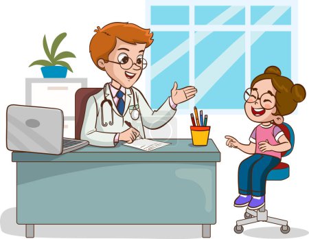 Ilustración de Médico y niños enfermos hablando vector illustration.girl niño con la pierna rota - Imagen libre de derechos