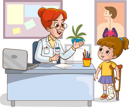 Ilustración de Médico y niños enfermos hablando vector illustration.girl niño con la pierna rota - Imagen libre de derechos