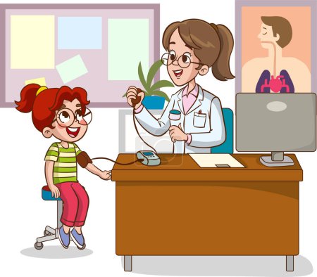Ilustración de Ilustración de un médico examinando a un niño pequeño Presión arterial - Imagen libre de derechos
