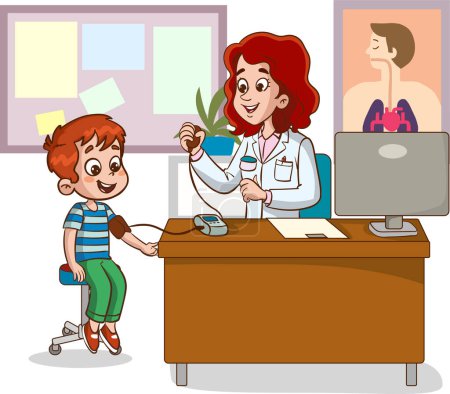 Ilustración de Ilustración de un médico examinando a un niño pequeño Presión arterial - Imagen libre de derechos