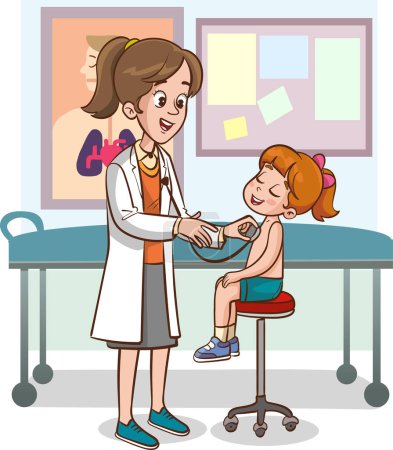 Téléchargez les illustrations : Pédiatre examinant une petite fille avec stéthoscope. Illustration vectorielle. - en licence libre de droit