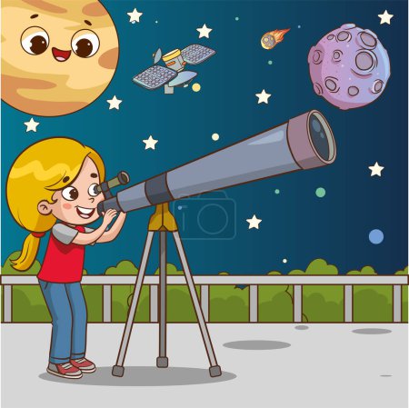 Illustration for Vector Illustration of Children looking at telescope.Children looking through telescope in the night cartoon vector illustration graphic design. - Royalty Free Image