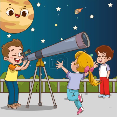 Illustration for Vector Illustration of Children looking at telescope.Children looking through telescope in the night cartoon vector illustration graphic design. - Royalty Free Image