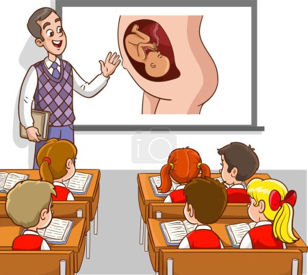 Illustration for Vector illustration of teacher and students teaching classroom.teaching the baby's development in the womb - Royalty Free Image