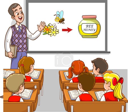 Illustration for Vector illustration of teacher and students teaching classroom.Teaching bees to make honey - Royalty Free Image