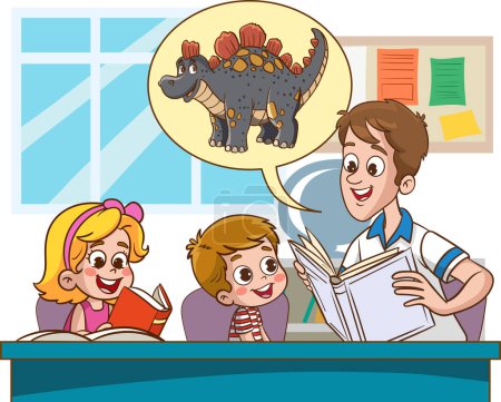 Illustration for Vector illustration of father and kids reading book. - Royalty Free Image