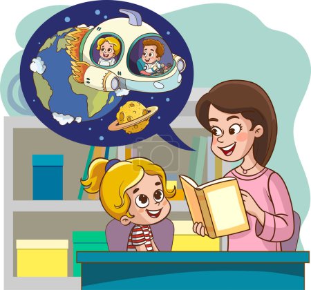 Téléchargez les illustrations : Illustration vectorielle du livre de lecture mère et fille - en licence libre de droit