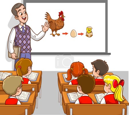 Téléchargez les illustrations : Illustration vectorielle de l'enseignant et des élèves enseignant la salle de classe.Enseignement de la formation d'un œuf à partir d'un poulet - en licence libre de droit