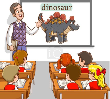 Téléchargez les illustrations : Illustration vectorielle de l'enseignant et des élèves enseignant les dinosaures - en licence libre de droit