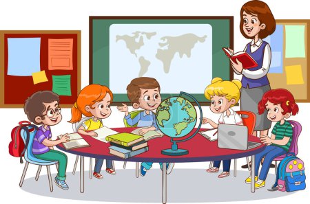 Illustration for Vector illustration of teacher and students teaching classroom. - Royalty Free Image