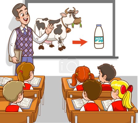 Téléchargez les illustrations : Illustration vectorielle de l'enseignant et des élèves enseignant la salle de classe.formation de lait de vache - en licence libre de droit
